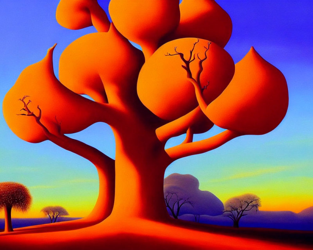 Surreal landscape with large orange tree under gradient sky