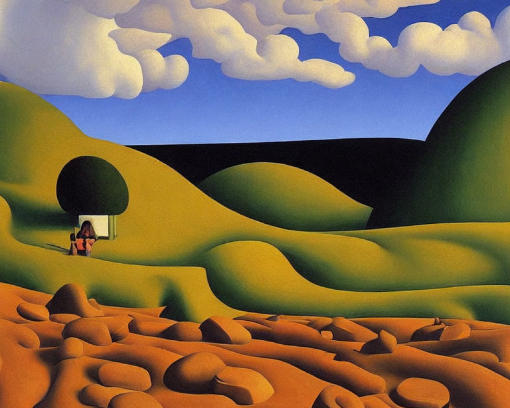 Surreal landscape with green hills, blue sky, clouds, tent, and person among rock formations