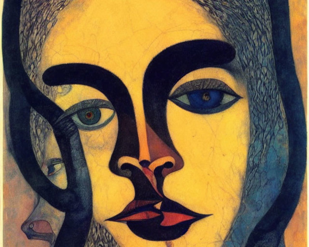 Abstract painting featuring face with large eyes, prominent lips, and swirling lines