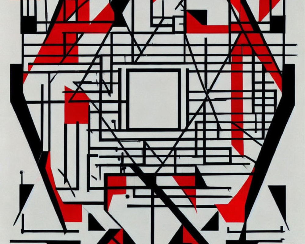 Black, Red, and White Abstract Geometric Pattern with Complex Lines and Shapes