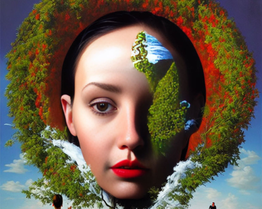 Surreal portrait: Woman's face merges with tree against blue sky