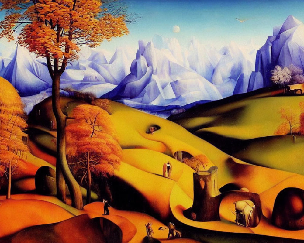 Colorful autumn landscape with rolling hills, trees, animals, and mountains