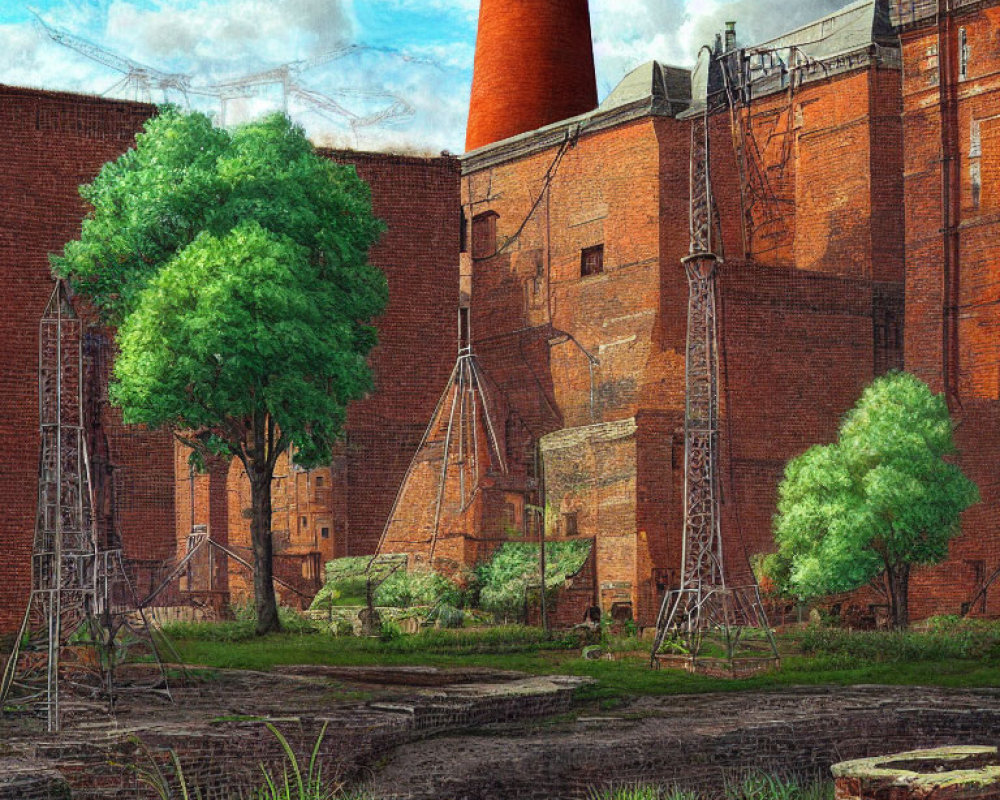 Old Red-Brick Industrial Building with Tall Chimney in Green Landscape