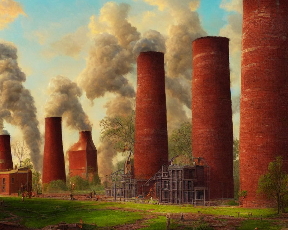 Industrial landscape painting with towering smokestacks emitting smoke in blue sky