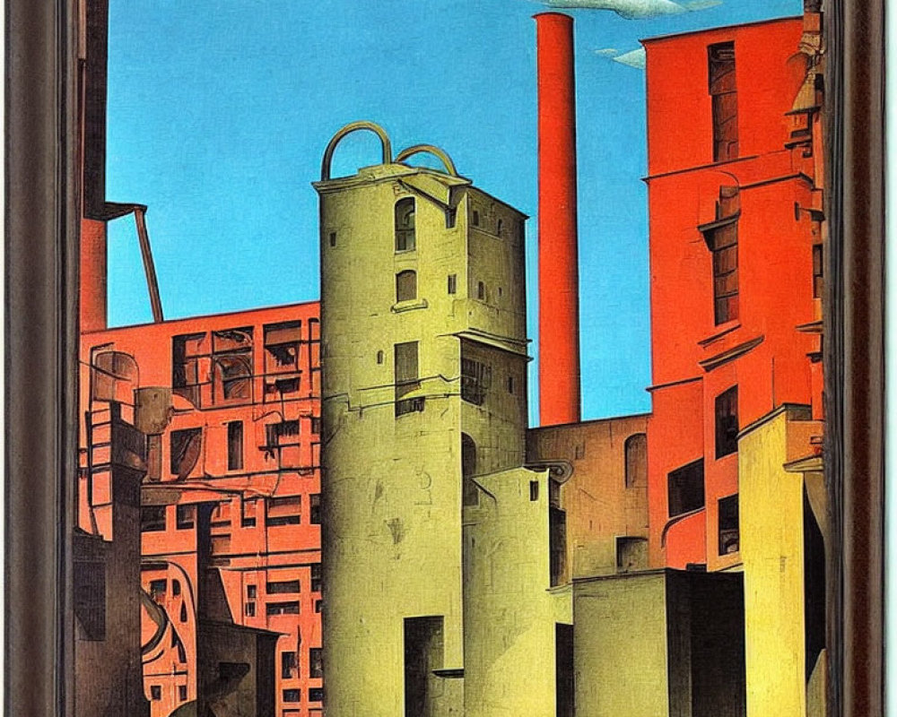 Intricate surreal painting of industrial scene with tall chimneys and architectural structures