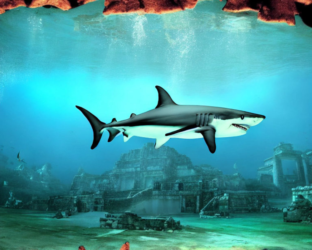 Surreal underwater scene with shark and sunken buildings