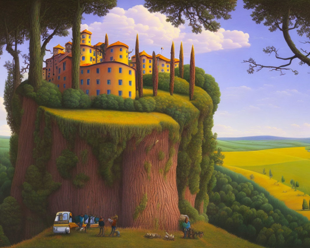 Colorful oversized tree painting with village and lush landscape - people and van included