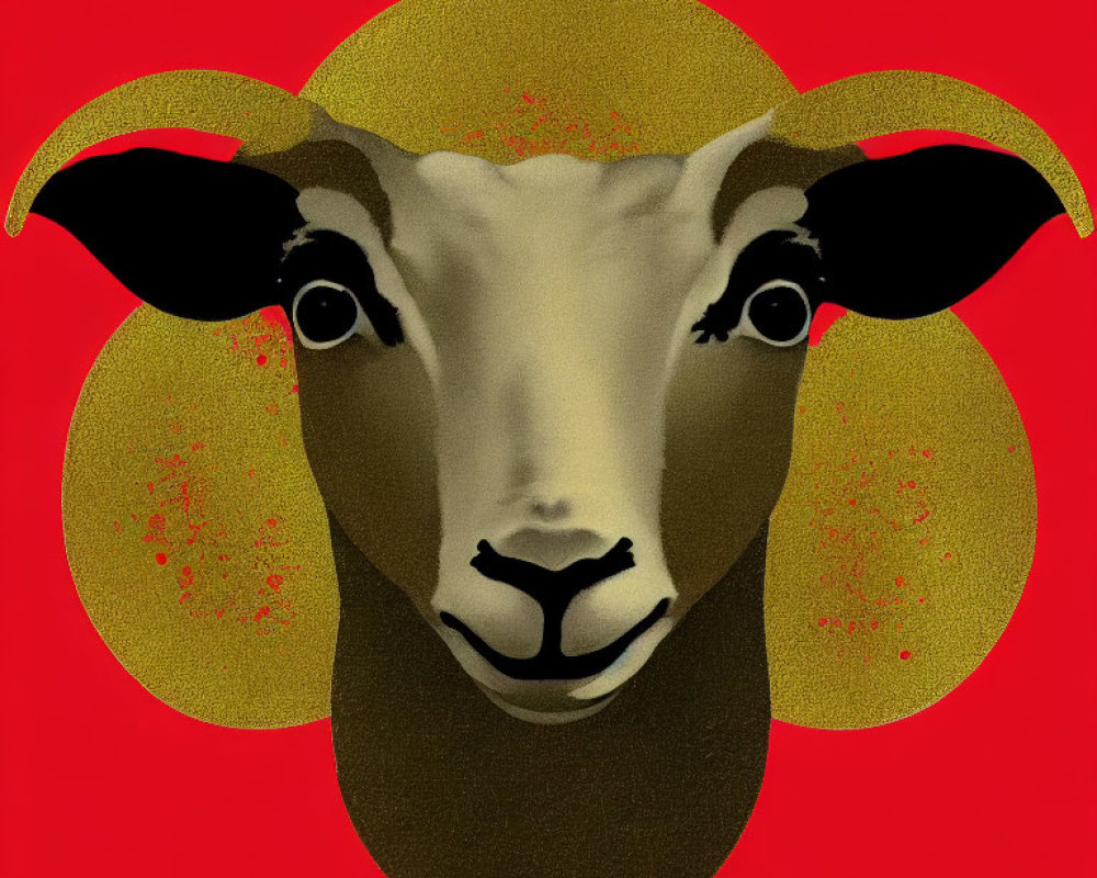 Stylized sheep face with oversized features on red background with gold circle horns