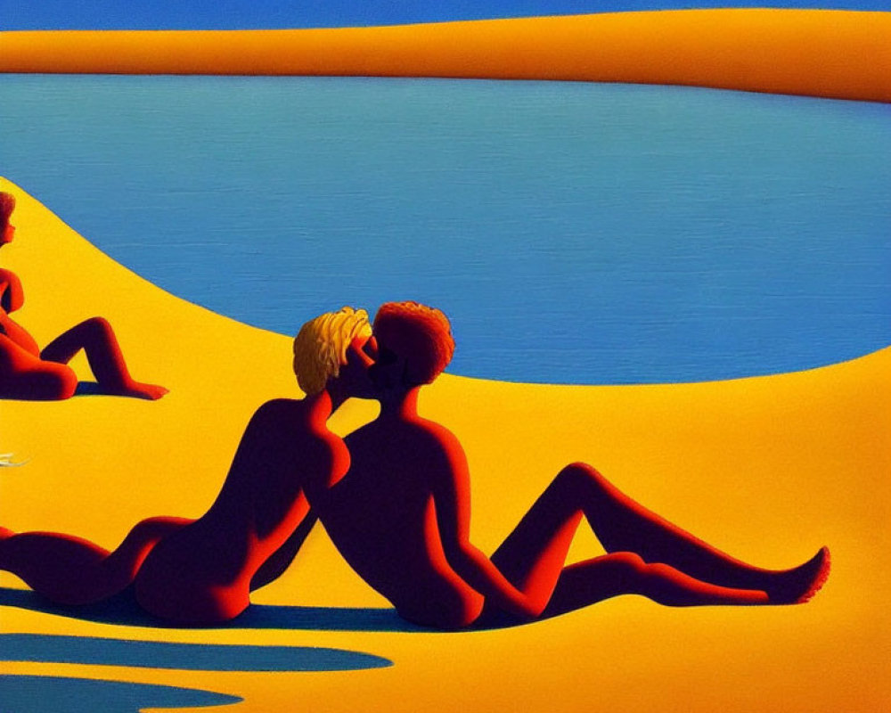 Colorful painting of stylized figures on beach with blue water background