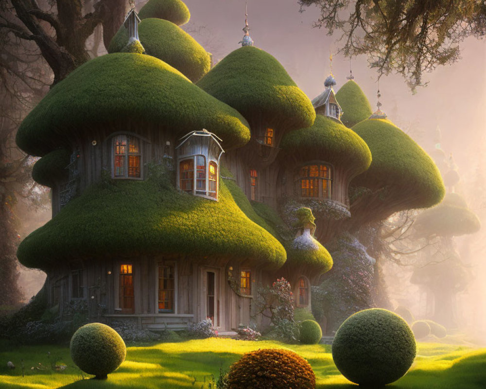 Whimsical house with moss-covered roofs in mystical forest