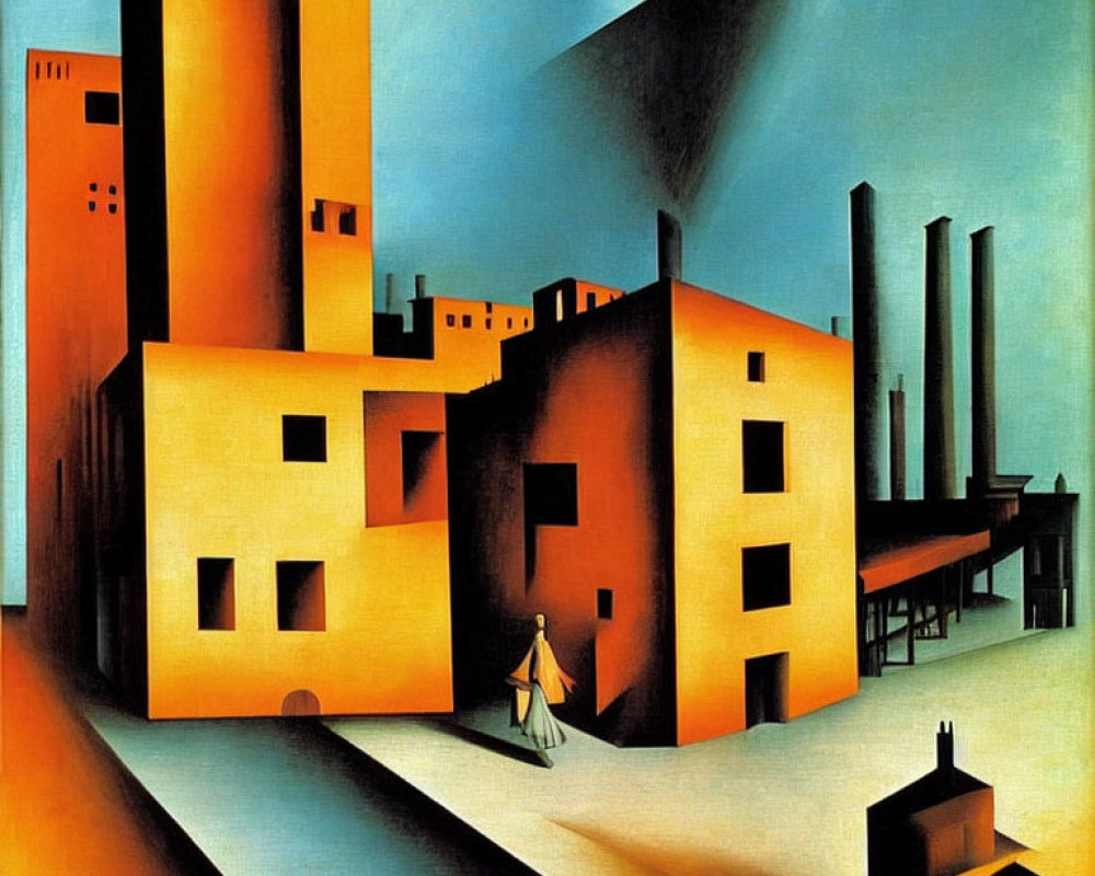 Geometric urban landscape with stylized buildings and solitary figure