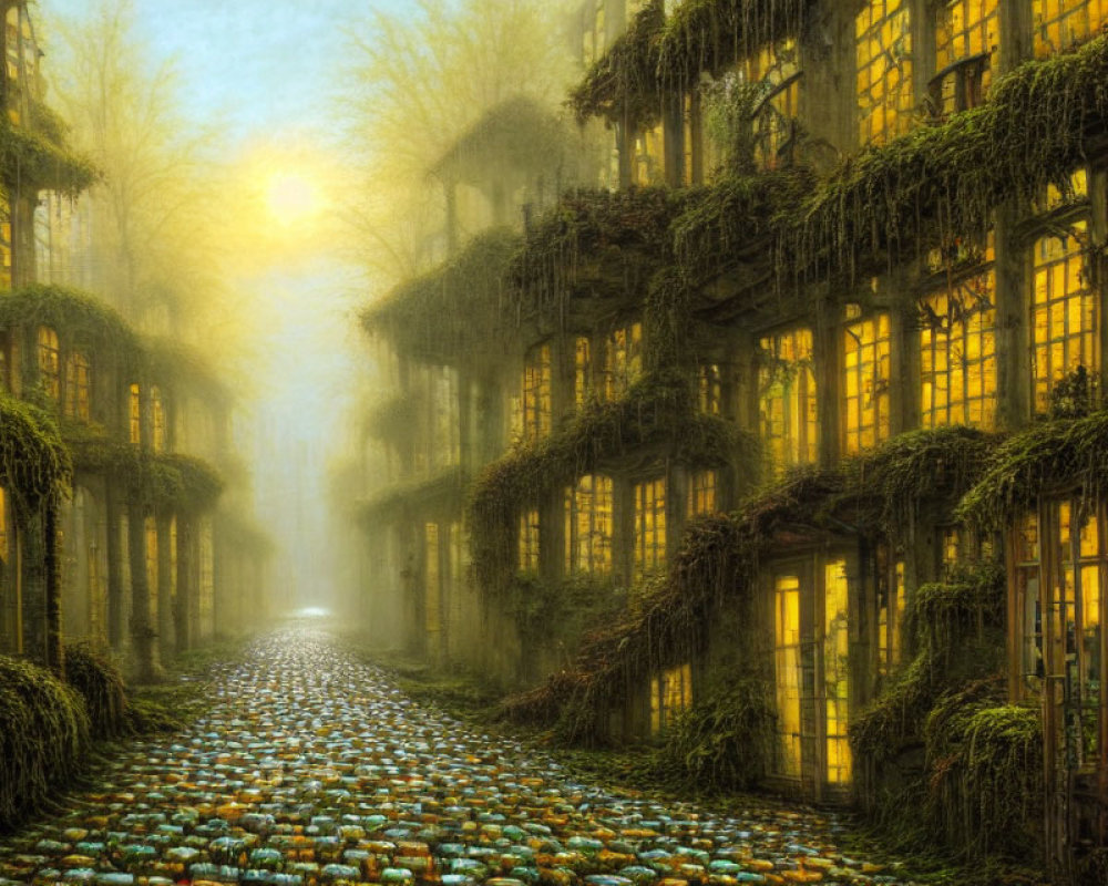 Sunlit cobblestone path with ivy-covered buildings
