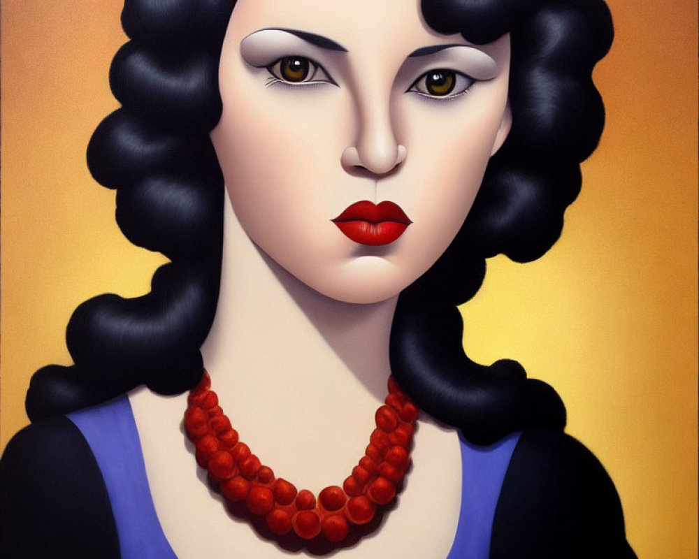 Stylized portrait of woman with black hair, striking makeup, red lips, large eyes, blue