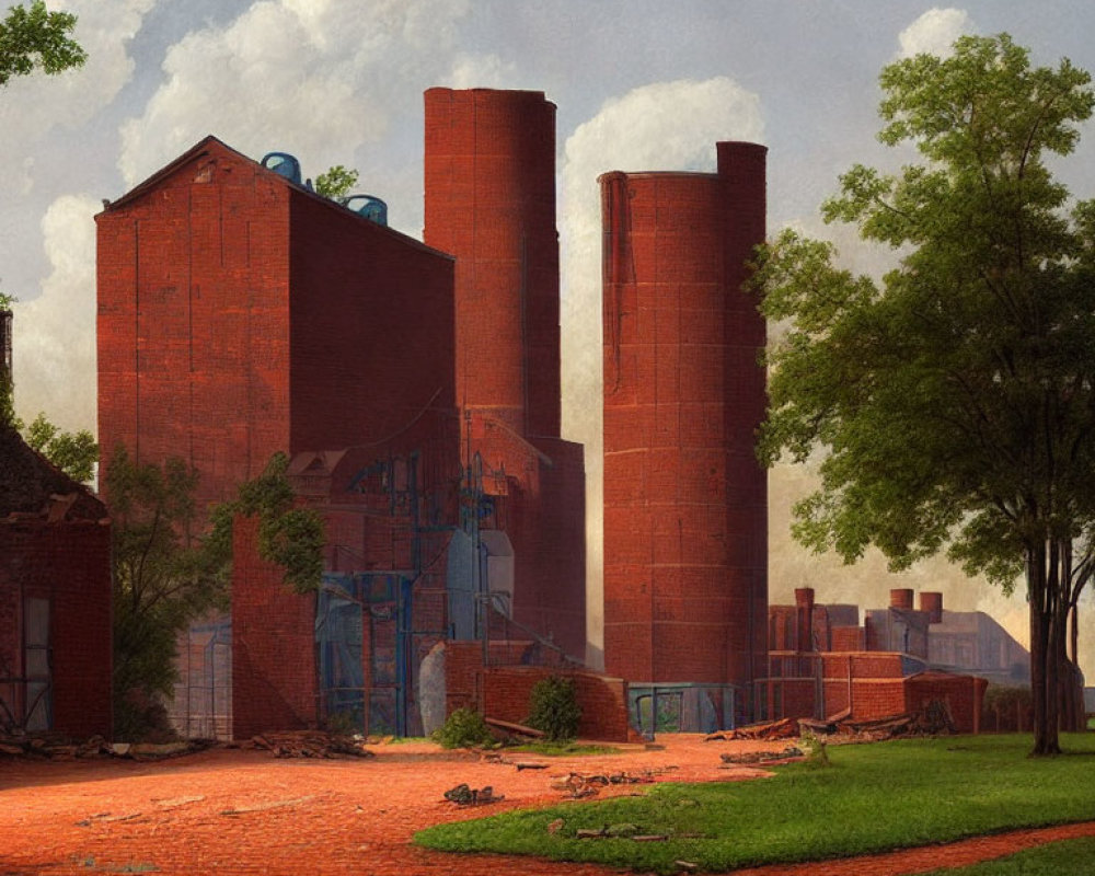 Rustic industrial landscape with red brick smokestacks and dilapidated buildings.