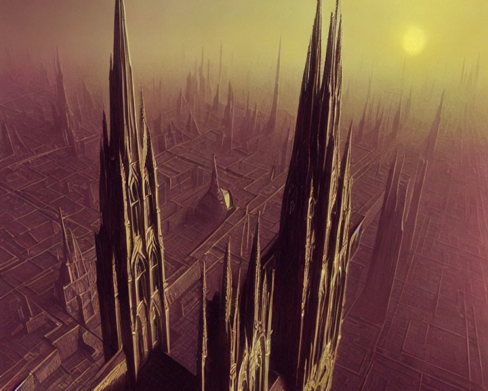 Dystopian sepia-toned cityscape with gothic spires under dim sun