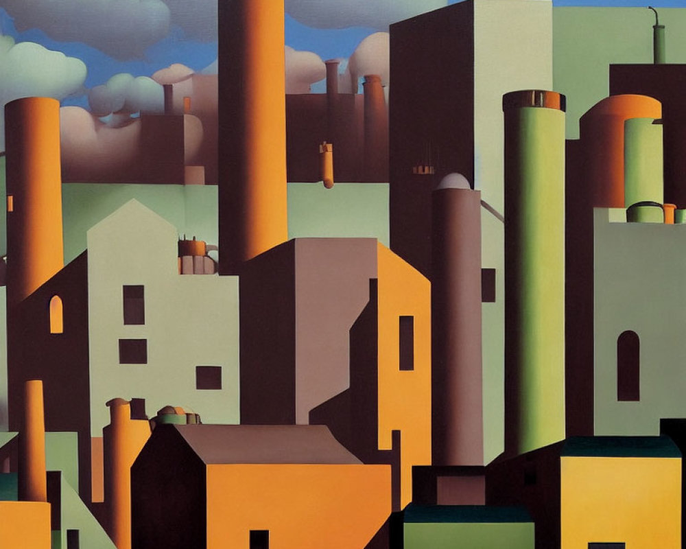 Geometric industrial landscape painting with smokestacks and blue sky