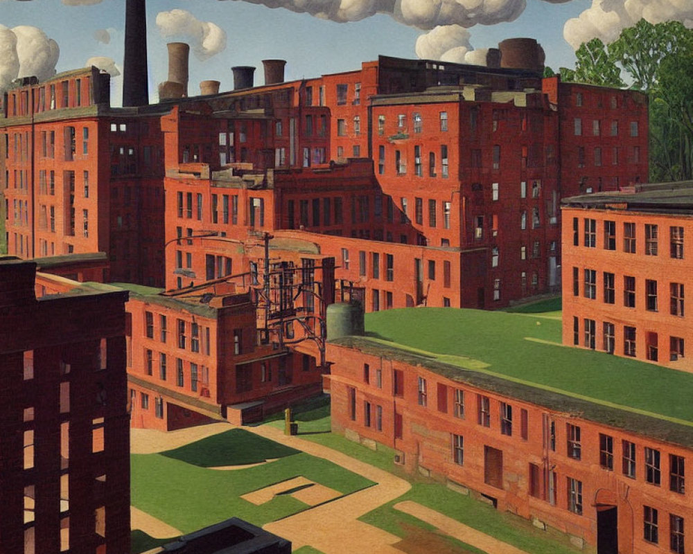 Industrial orange brick buildings under cloudy blue sky with smokestacks and fire escape stairs