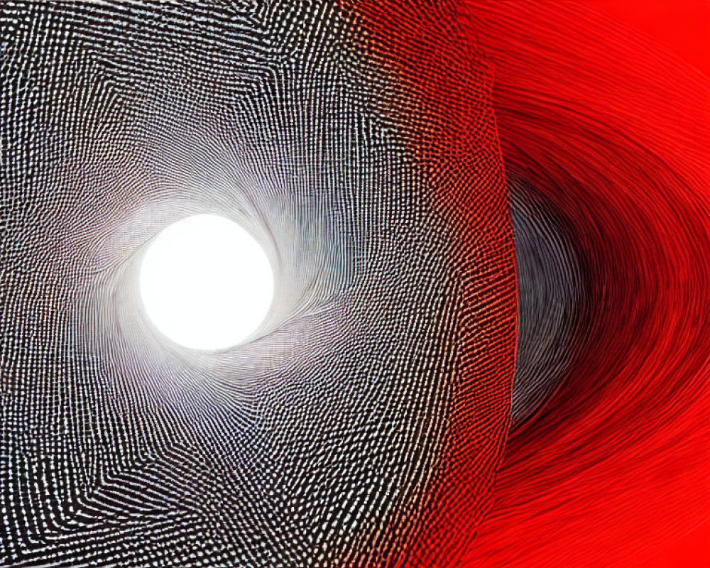 Abstract Digital Artwork: White Circular Void on Black and White Background with Red Swirling Texture