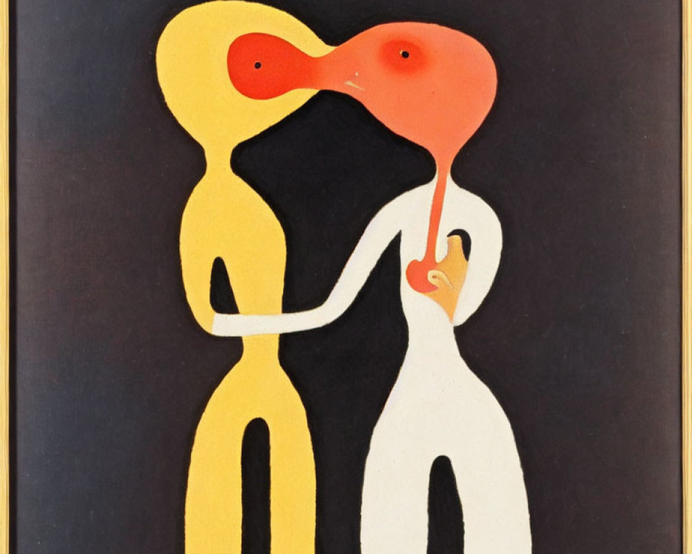 Abstract art: Two elongated figures in yellow and white with red features on black.