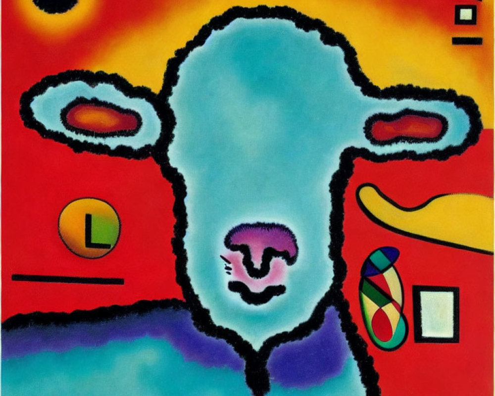 Colorful Abstract Painting of Stylized Sheep and Geometric Shapes