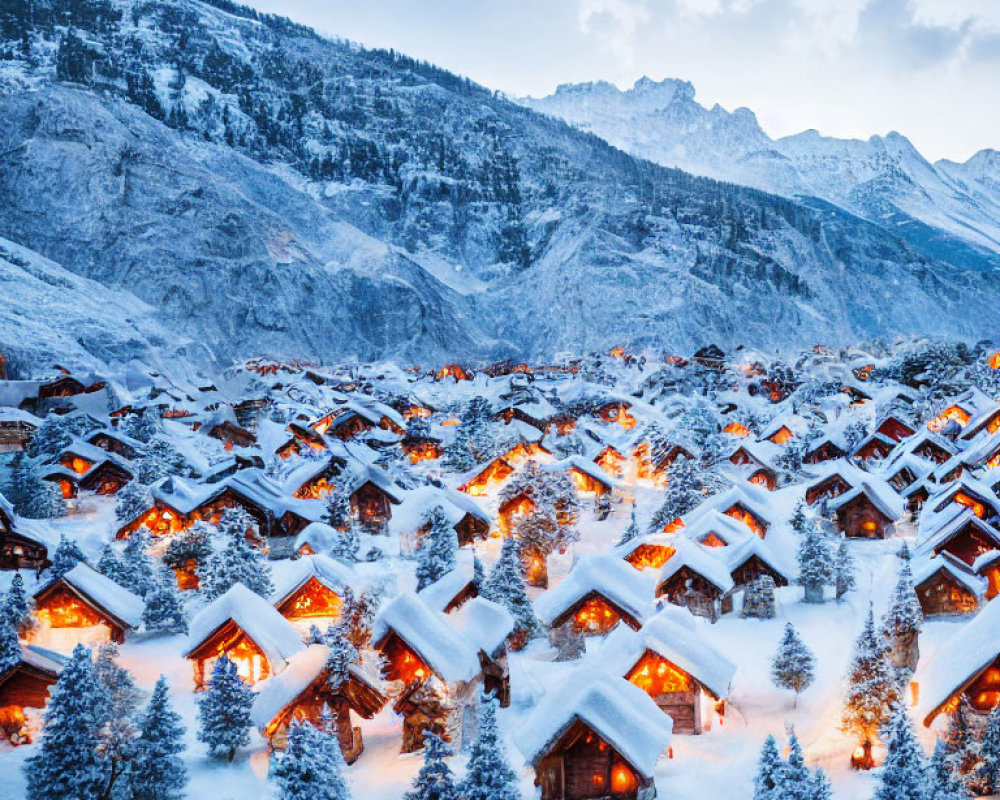 Snowy Mountain Village with Cozy Chalets at Dusk