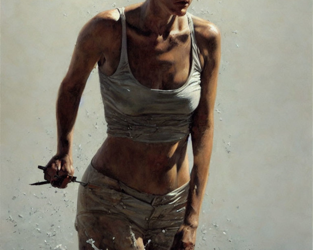 Determined woman in wet white tank top with sharp object in shallow water
