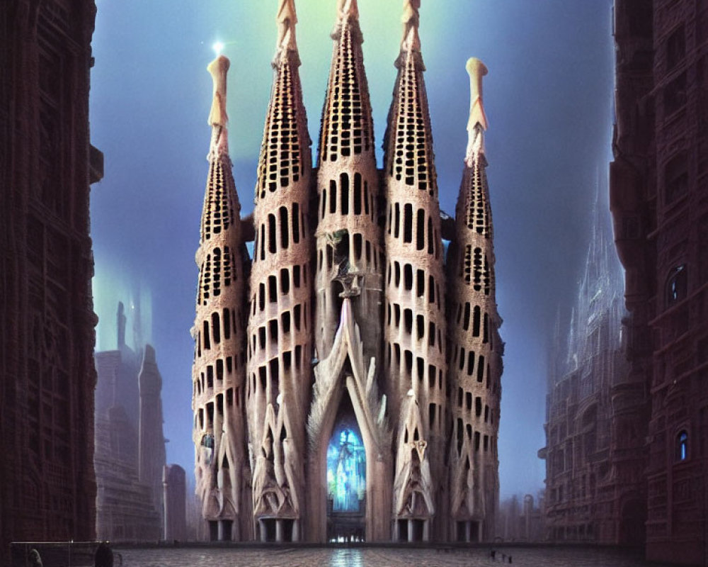 Gothic Cathedral with Tall Spires at Dusk