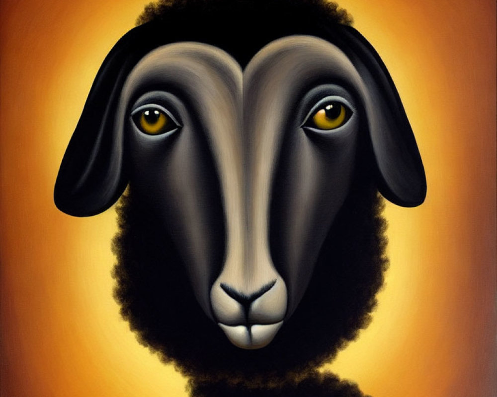 Stylized painting: Black sheep with yellow eyes on golden-orange background