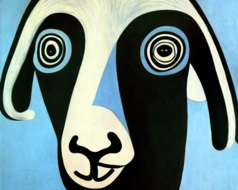 Stylized black and white dog with spiral eyes on blue background