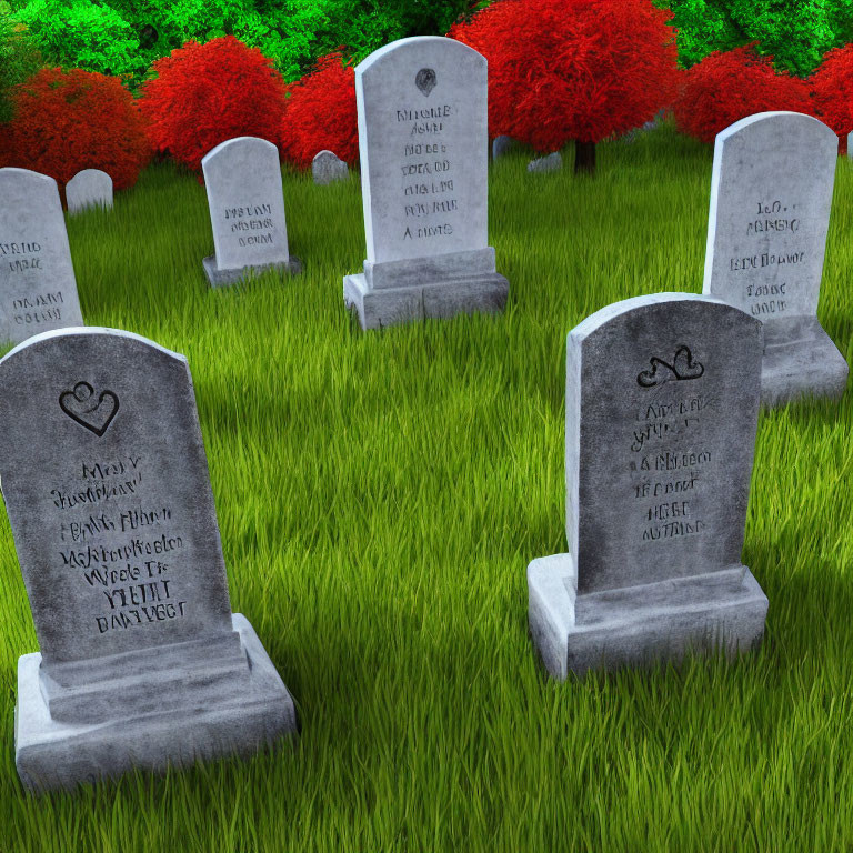 Vivid graveyard scene with tombstones and heart symbols