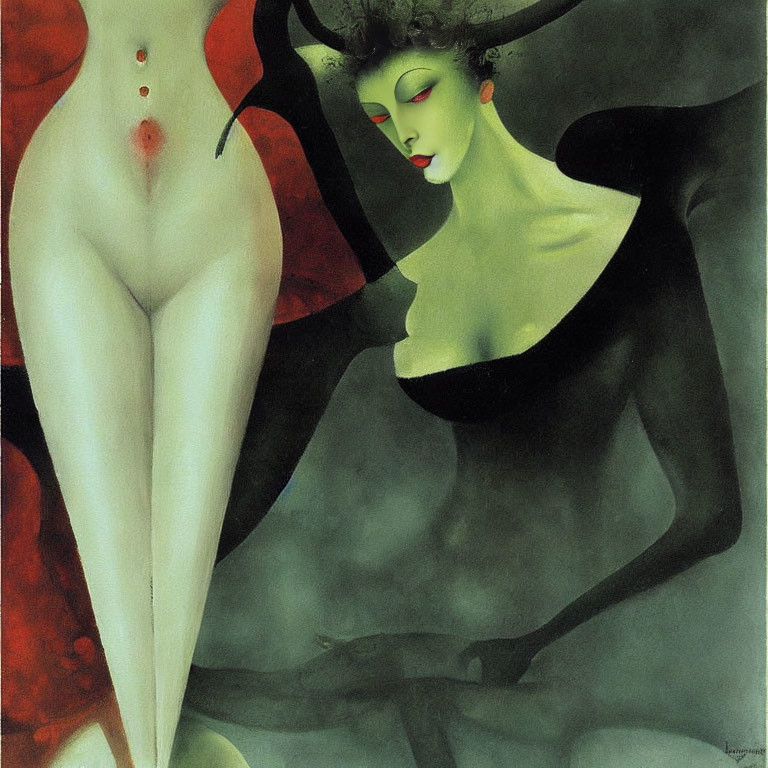 Surrealist painting of female figure with pale skin and green facial features