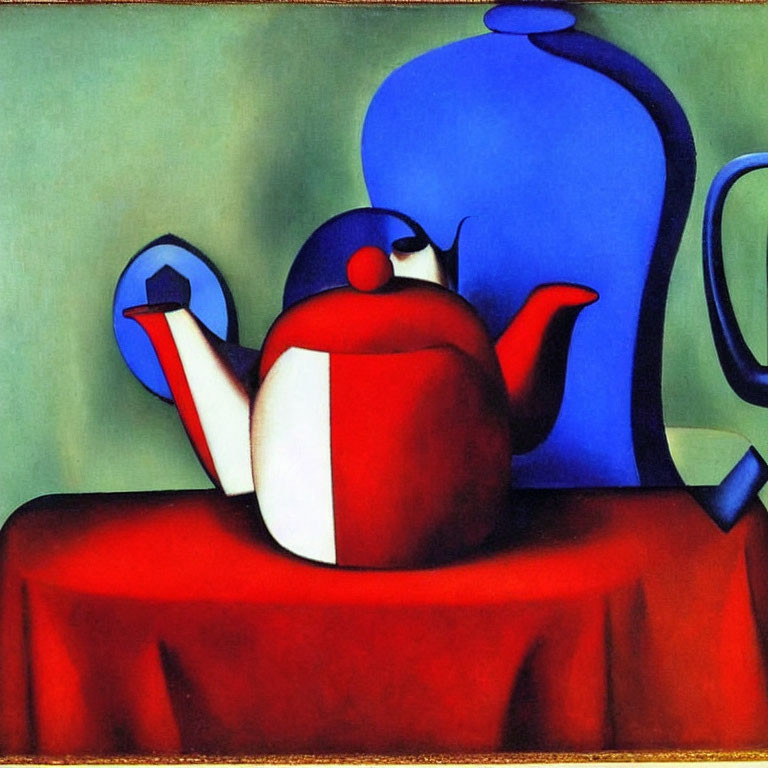 Vibrant abstract painting of red teapot, blue jug, and draped table on green background