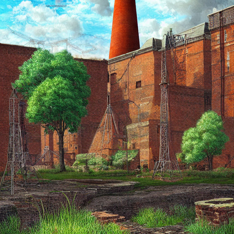 Old Red-Brick Industrial Building with Tall Chimney in Green Landscape