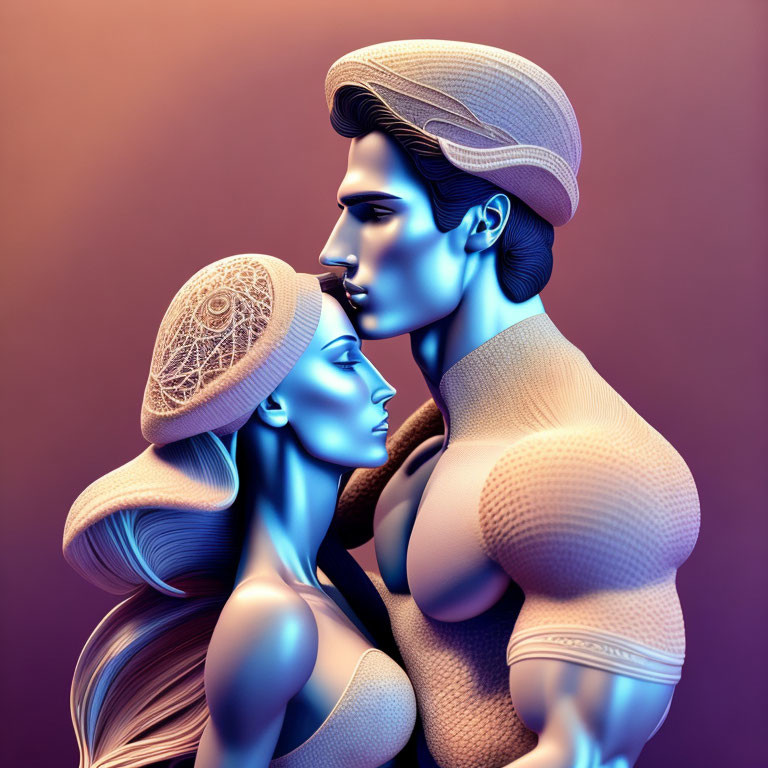 Stylized digital characters in close embrace with exaggerated features and textured hats