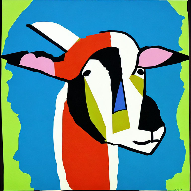 Vibrant abstract goat face with geometric shapes on blue background