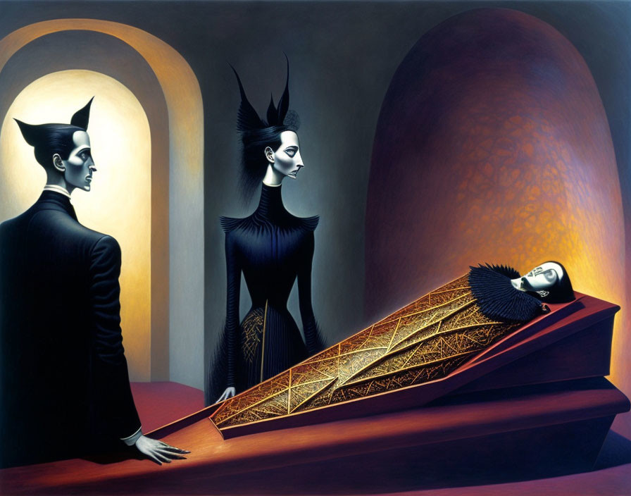 Surreal artwork featuring stylized figures and geometric sarcophagus