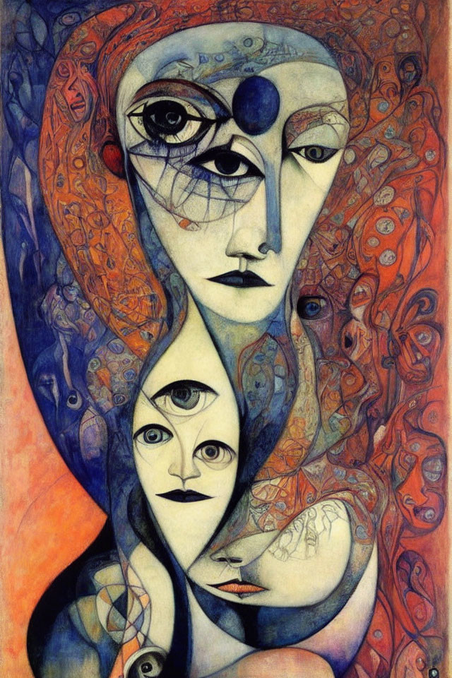 Vibrant abstract painting of stylized woman's face with multiple eyes and intricate patterns