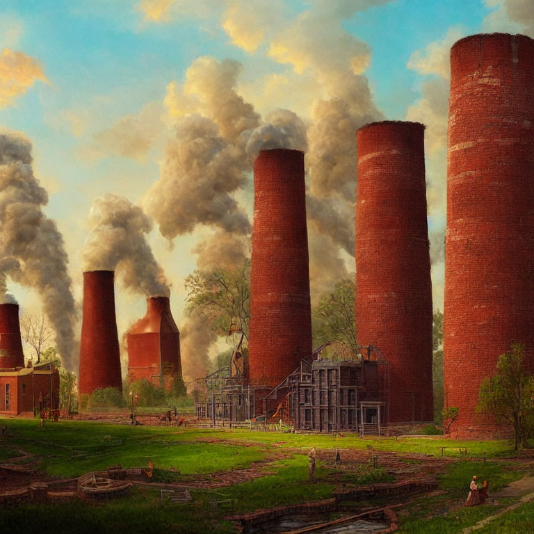 Industrial landscape painting with towering smokestacks emitting smoke in blue sky