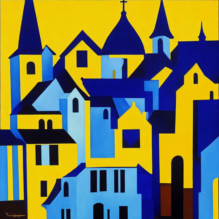 Abstract Blue and Yellow Cityscape Painting with Architectural Forms