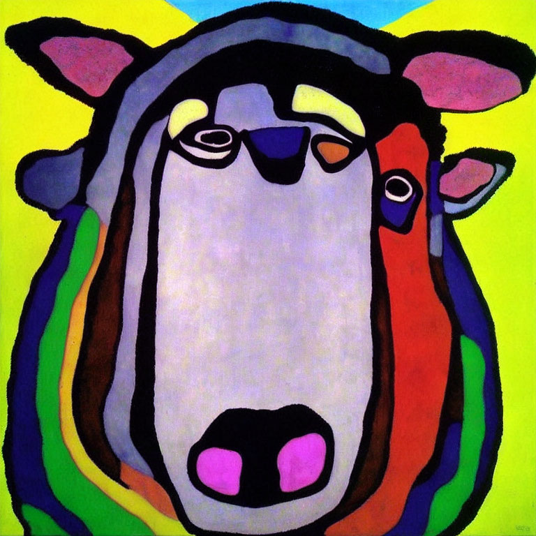 Vibrant abstract painting of a cow in cubist style