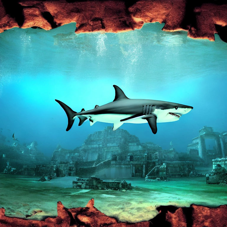 Surreal underwater scene with shark and sunken buildings