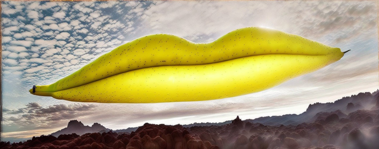 Giant banana floating in sky above rocky terrain at sunrise or sunset