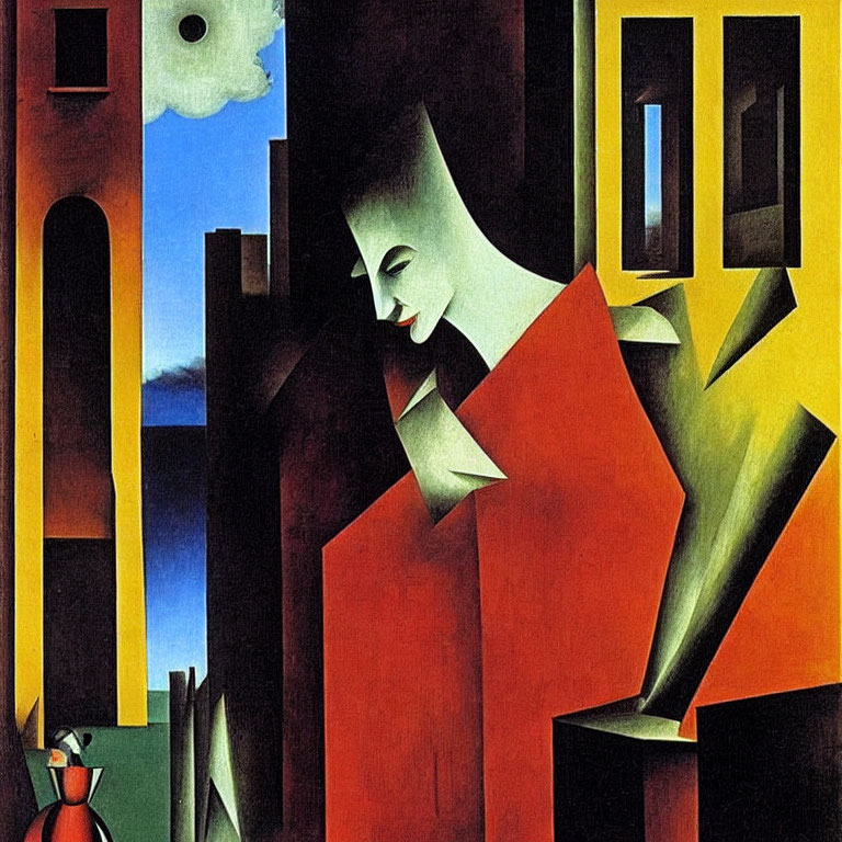 Cubist-style Painting of Woman in Red with Abstract Geometric Shapes