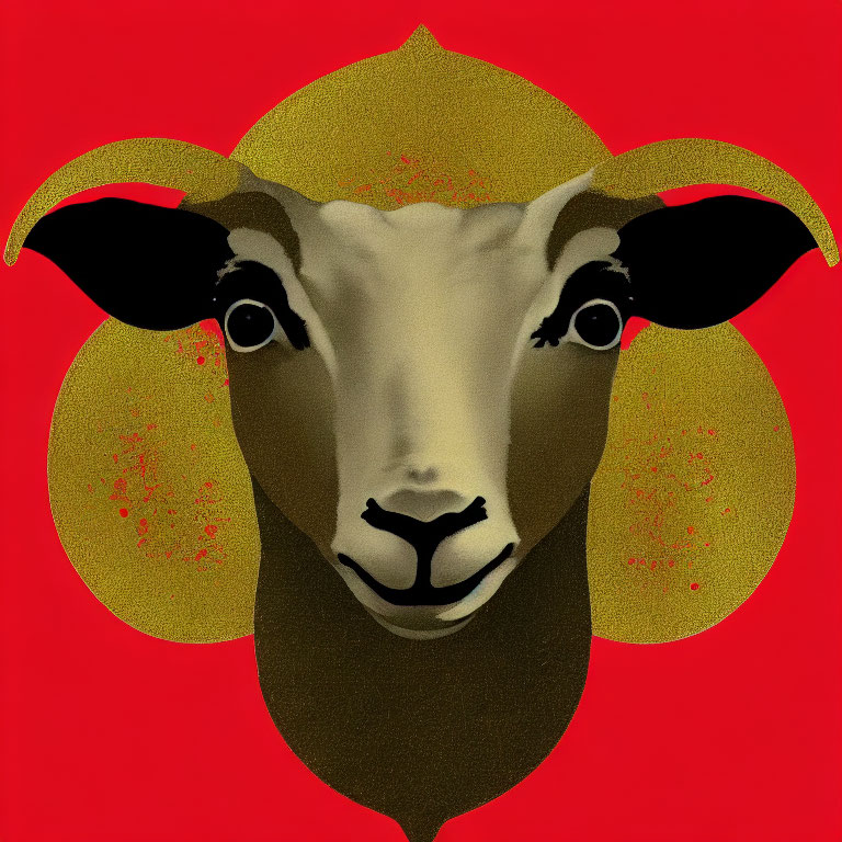 Stylized sheep face with oversized features on red background with gold circle horns