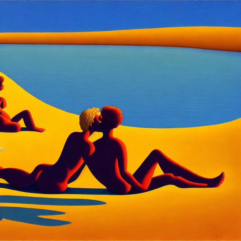 Colorful painting of stylized figures on beach with blue water background