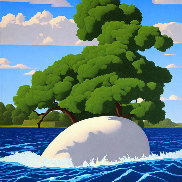 Stylized painting of lush green tree on white boulder by blue water