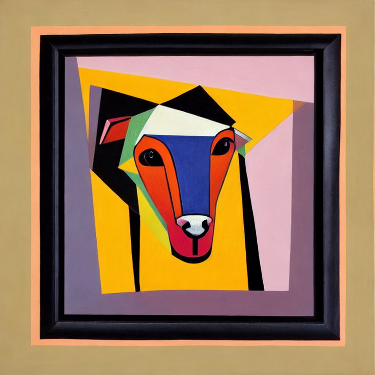 Colorful Geometric Abstract Dog Face Painting in Black Frame