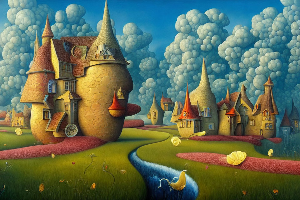 Colorful painting of whimsical houses with facial features on rolling hills and vibrant sky