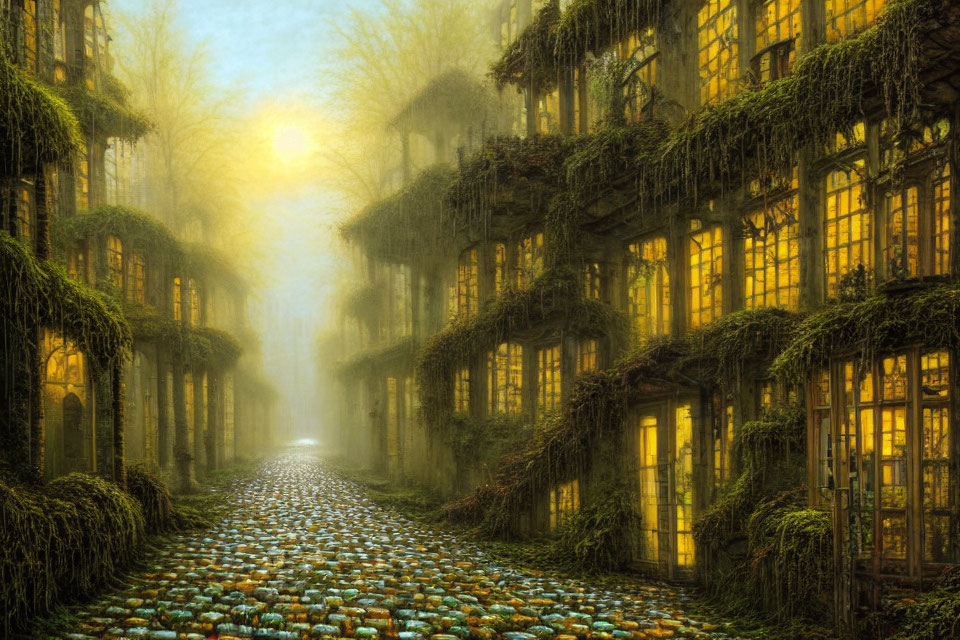 Sunlit cobblestone path with ivy-covered buildings