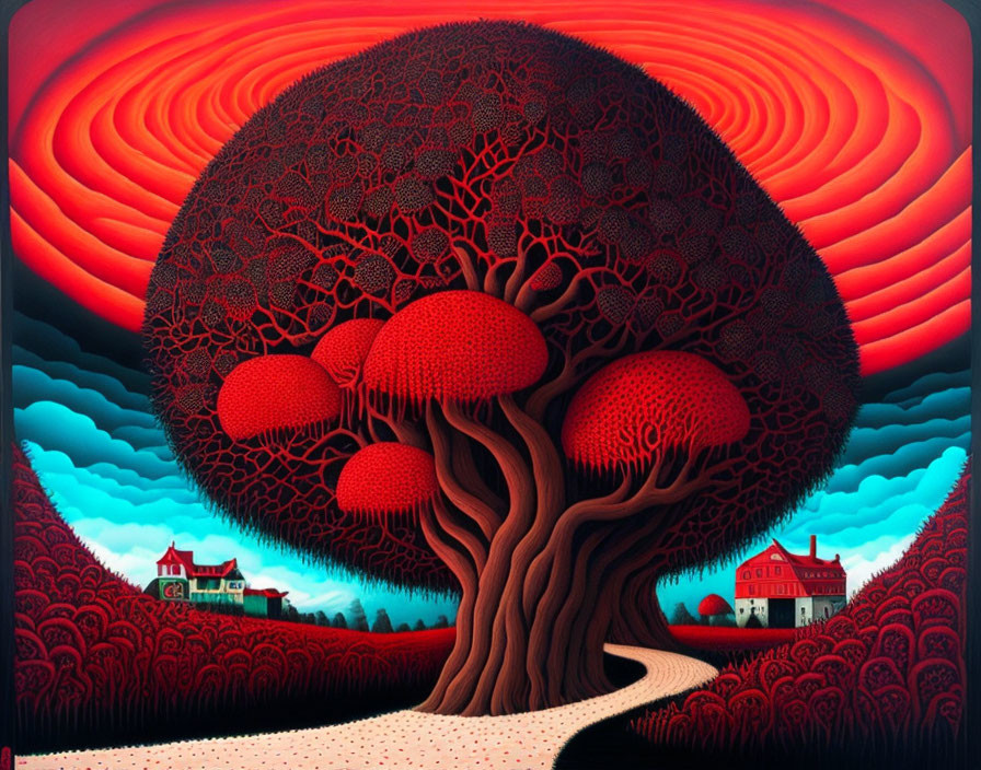 Surreal painting of massive tree, village path, and red sky
